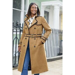 Boden Beige Trench Coat US 8 Navy Trim Geometric Lined Belted Classic Coat $425